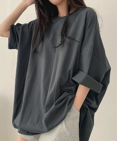 ロゴTシャツ ゆったり プルオーバー夏服 ロングtシャツ オーバーサイズ 英文字ロゴ 半袖Tシャツ 着やせ カットソー ビッグtシャツ大人カジュアル クルーネック 89EKDZ-003